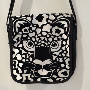 Peachtree Playthings Black White Velvet Lion Cat Messenger Bag‎ Adjustable Strap